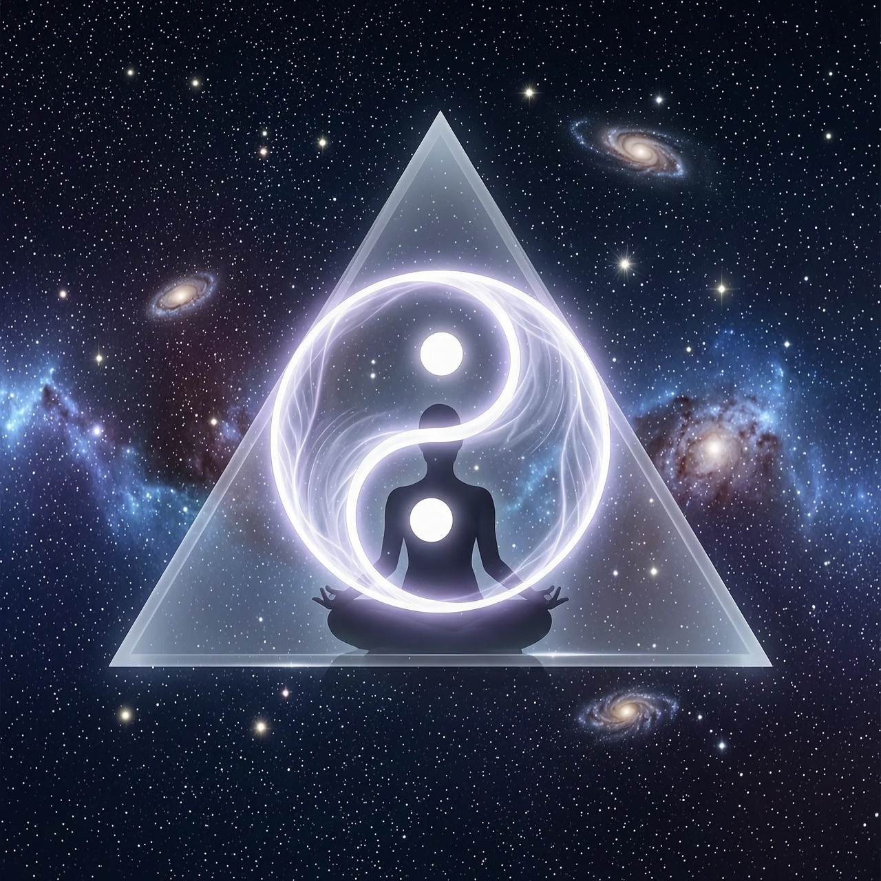 Mystical glowing symbol resembling a three-sectored Yin-Yang (triskelion-style division) floating in the center of a deep, cosmic void, no text or inscriptions. Behind the…