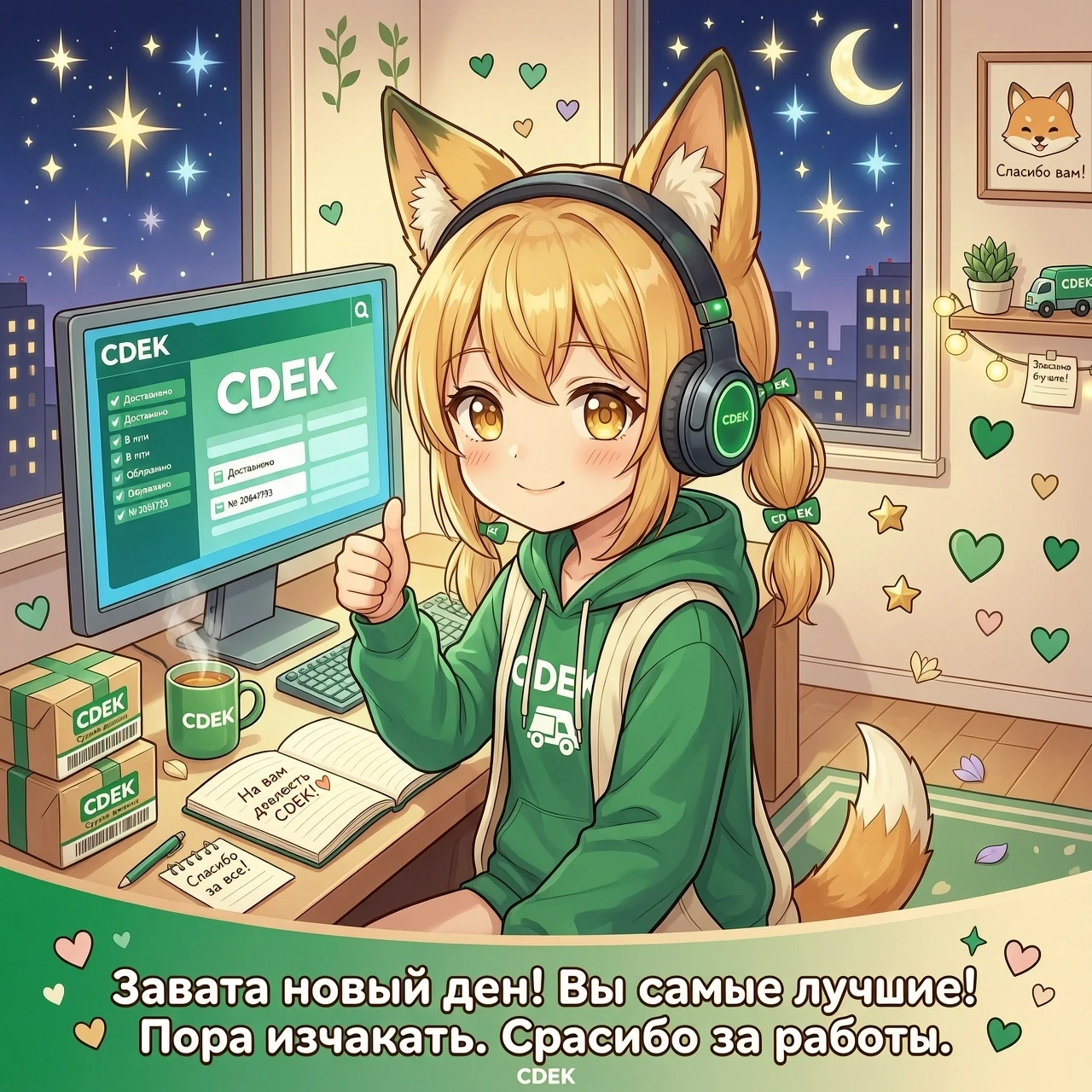 Нарисуй аниме, милую девочку‑лисёнка (оператор) в наушниках, она показывает жест «лайк». Она дома, за столом, перед компьютером с логотипом CDEK. На столе — посылки с логотипом…