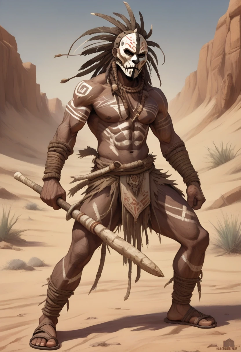 A fierce and brutal warrior from a savage desert tribe, captured in a high-octane dynamic combat pose, wielding a primitive heavy bone club. The warrior wears an intricate,…