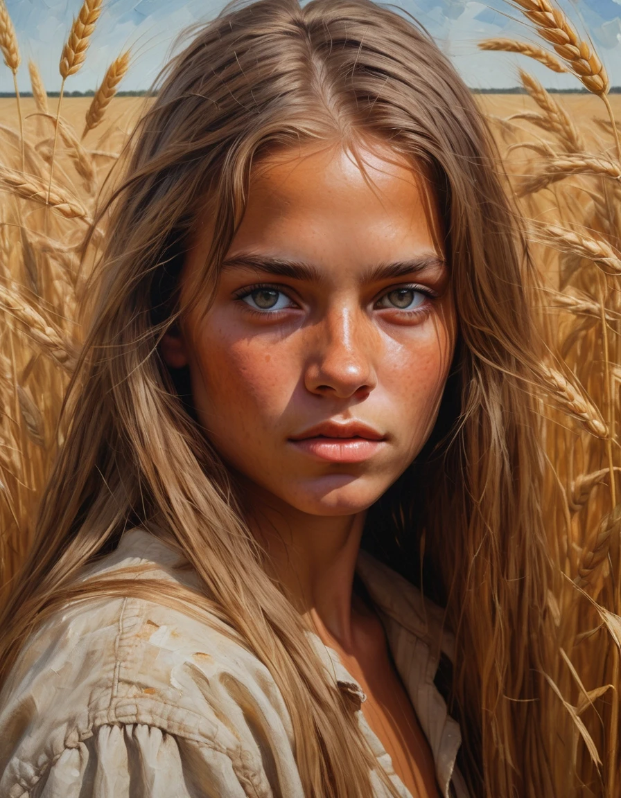 A masterful oil portrait on a thick linen canvas with a rough texture, executed with thick impasto strokes and visible strokes made with a palette knife, conveys the nostalgic,…