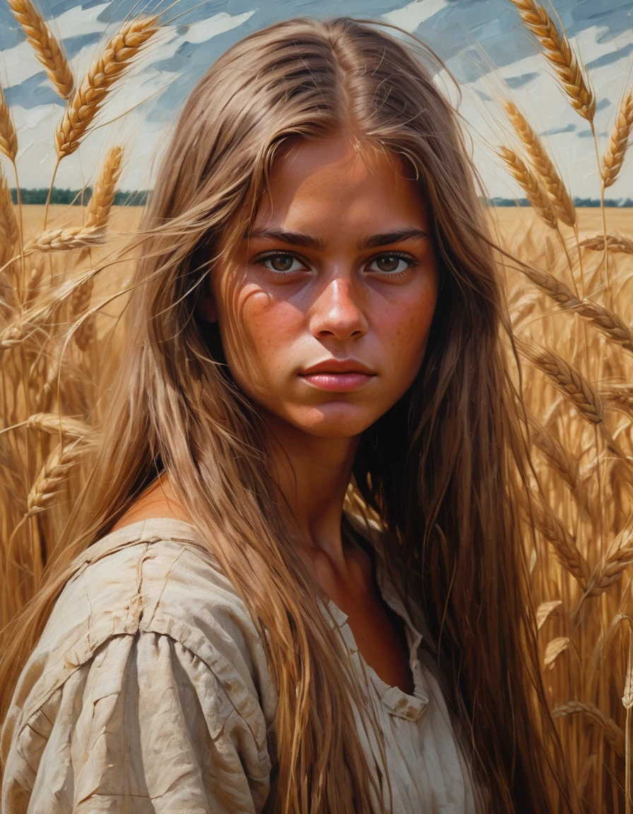 A masterful oil portrait on a thick linen canvas with a rough texture, executed with thick impasto strokes and visible strokes made with a palette knife, conveys the nostalgic,…