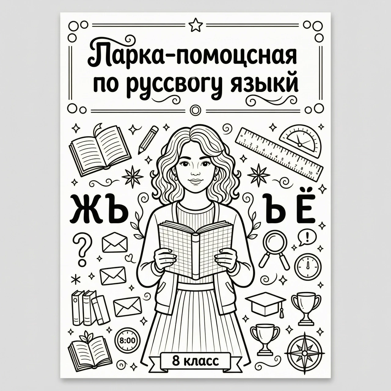 A4 folder cover, black and white line art, coloring page style, outline only, no shading, no color fill. Big hand-lettered title at the top: "Папка-помощница по русскому…