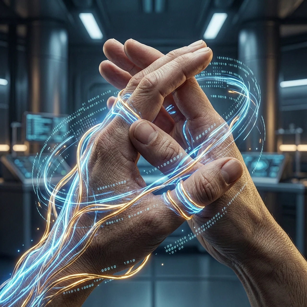 Extreme close-up macro photography of human hands performing a kinesiology muscle test, fingers interlocked in a precise ring shape. Intricate neon blue and molten gold…