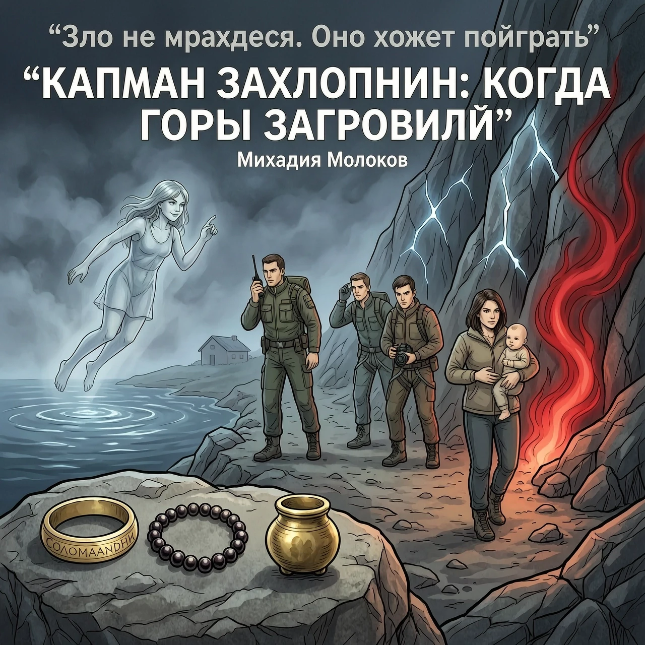 Название: «Капкан захлопнут: когда горы заговорили» ‎Автор: Михаил Молоков ‎Цитата: «Зло не прячется. Оно хочет поиграть» (полупрозрачно по дуге сверху, будто выветрена в камне)…