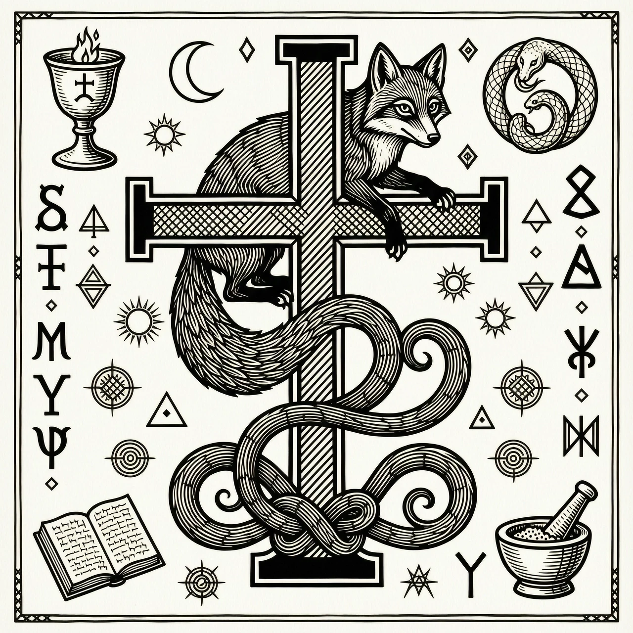 Intricate woodcut engraving tattoo design, alchemical symbol, a central Flamel cross (cross with a horizontal bar at the top), a three-tailed fox wrapped around the cross, the…