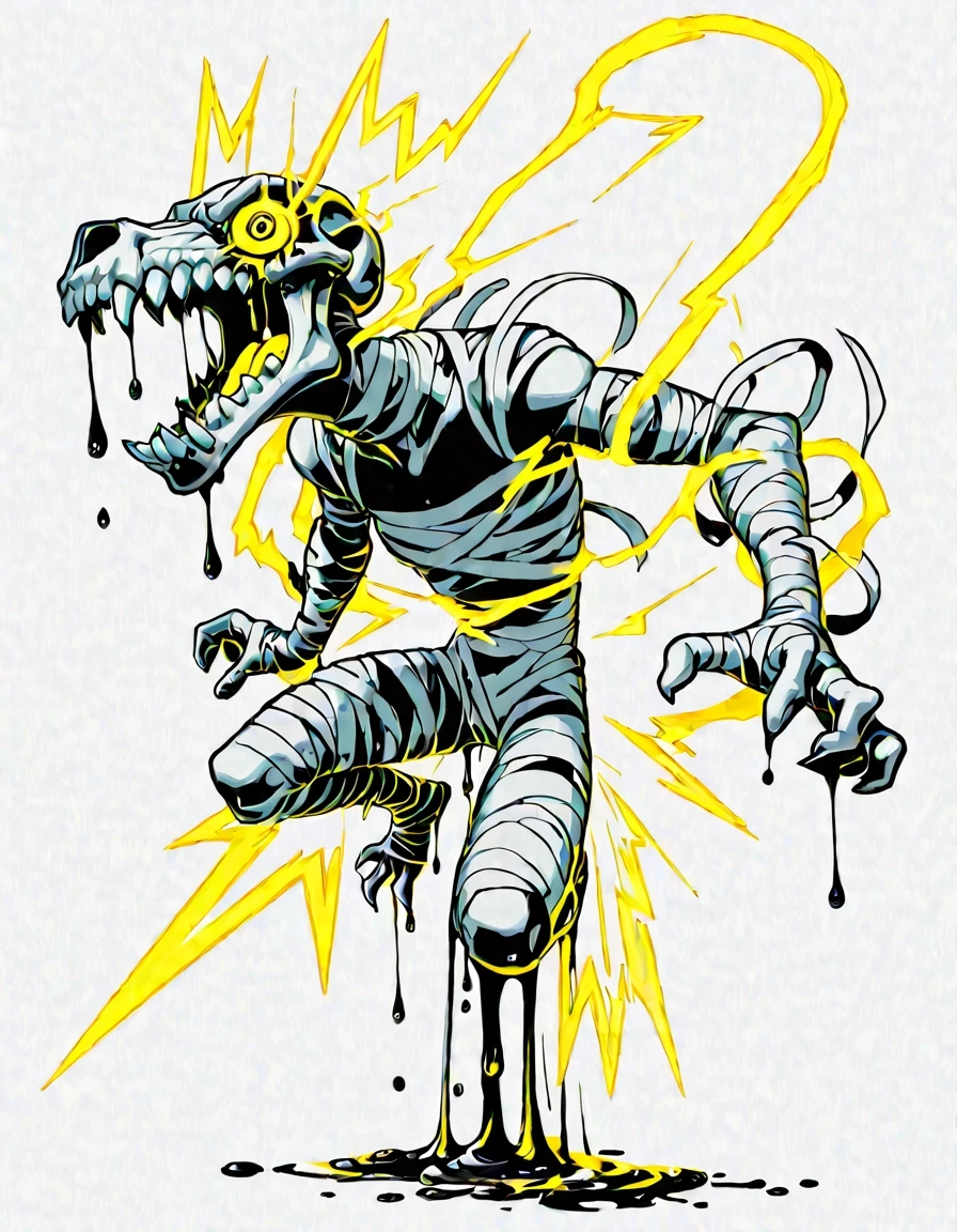 A bold, high-contrast graphic illustration of a snarling mummy skull wrapped in tattered white bandages, central composition on a white background, oversized expressive eye…