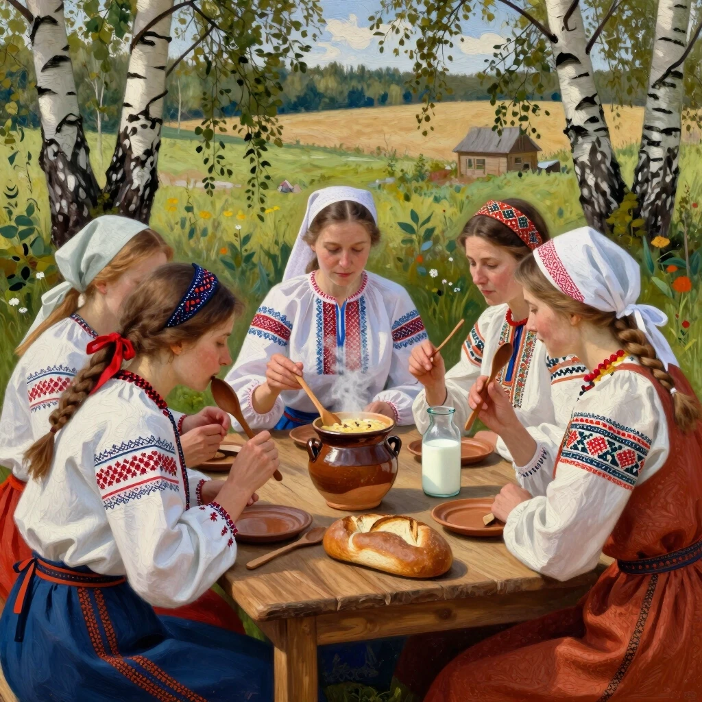Несколько русских женщин в народных сарафанах сидят за большим деревянным столом на улице, на столе стоит глиняный горшок с дымящейся кашей, рядом лежат деревянные ложки,…