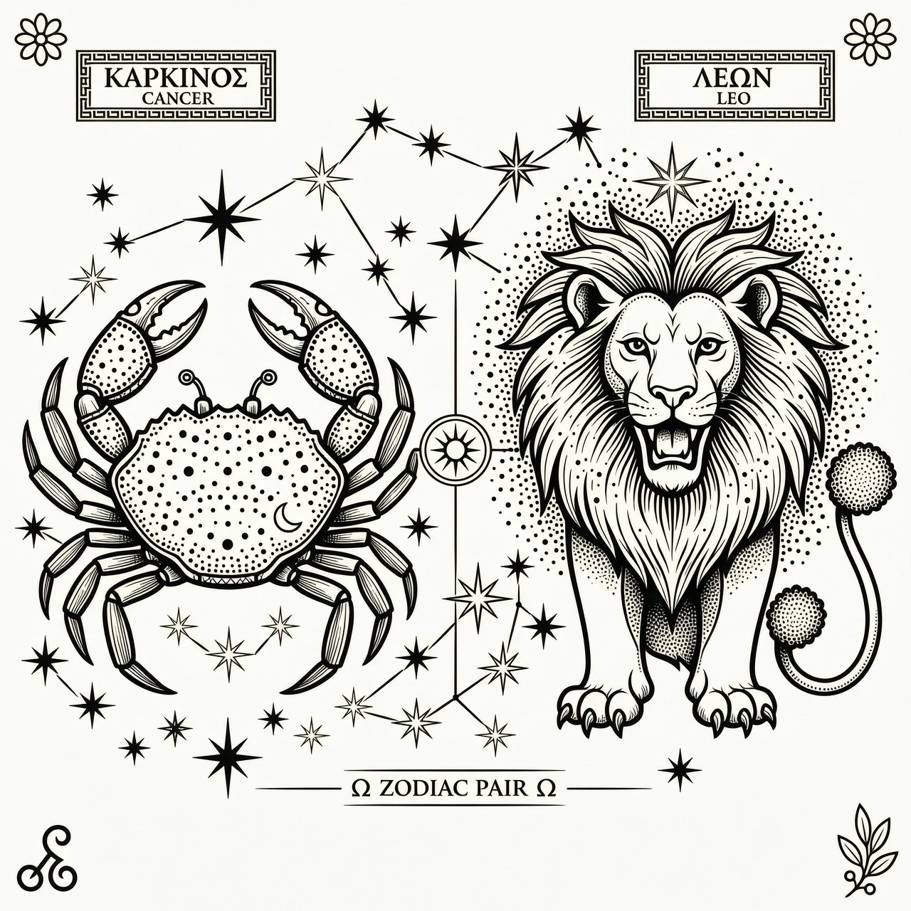 Pair of matching tattoo designs, ancient Greek mythology style, left side: Cancer zodiac as a crab with a starry shell, right side: Leo zodiac as a lion with a mane of stars,…