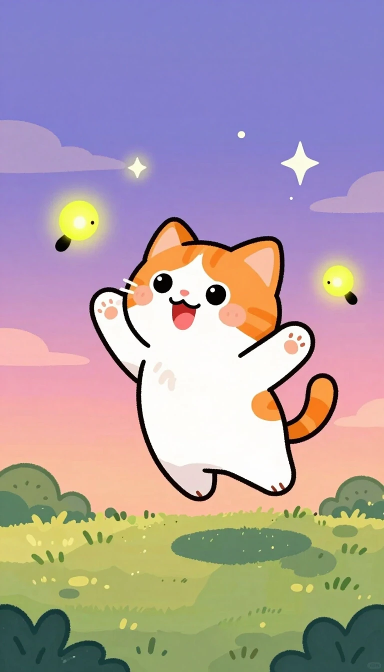 A children's crayon and marker drawing of a cute fluffy orange and white cat with big round sparkling eyes, pink nose, rosy cheeks and a joyful open-mouthed smile, leaping…