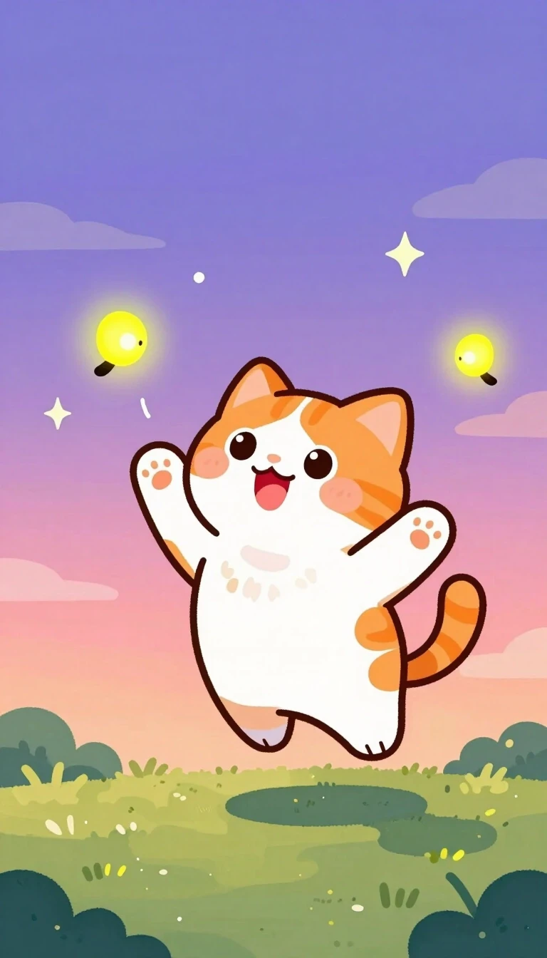 A children's crayon and marker drawing of a cute fluffy orange and white cat with big round sparkling eyes, pink nose, rosy cheeks and a joyful open-mouthed smile, leaping…