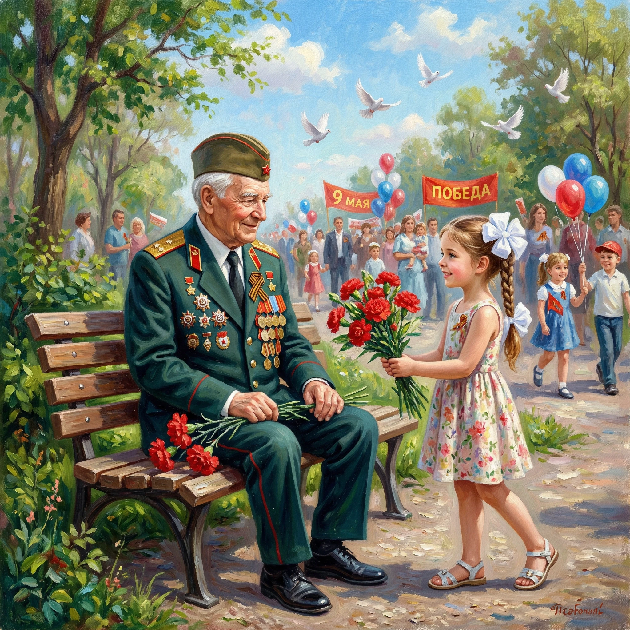 Create a greeting card illustration for Victory Day (May 9th) in the style of oil painting, featuring soft, visible brushstrokes and a painterly texture.Foreground (detailed,…