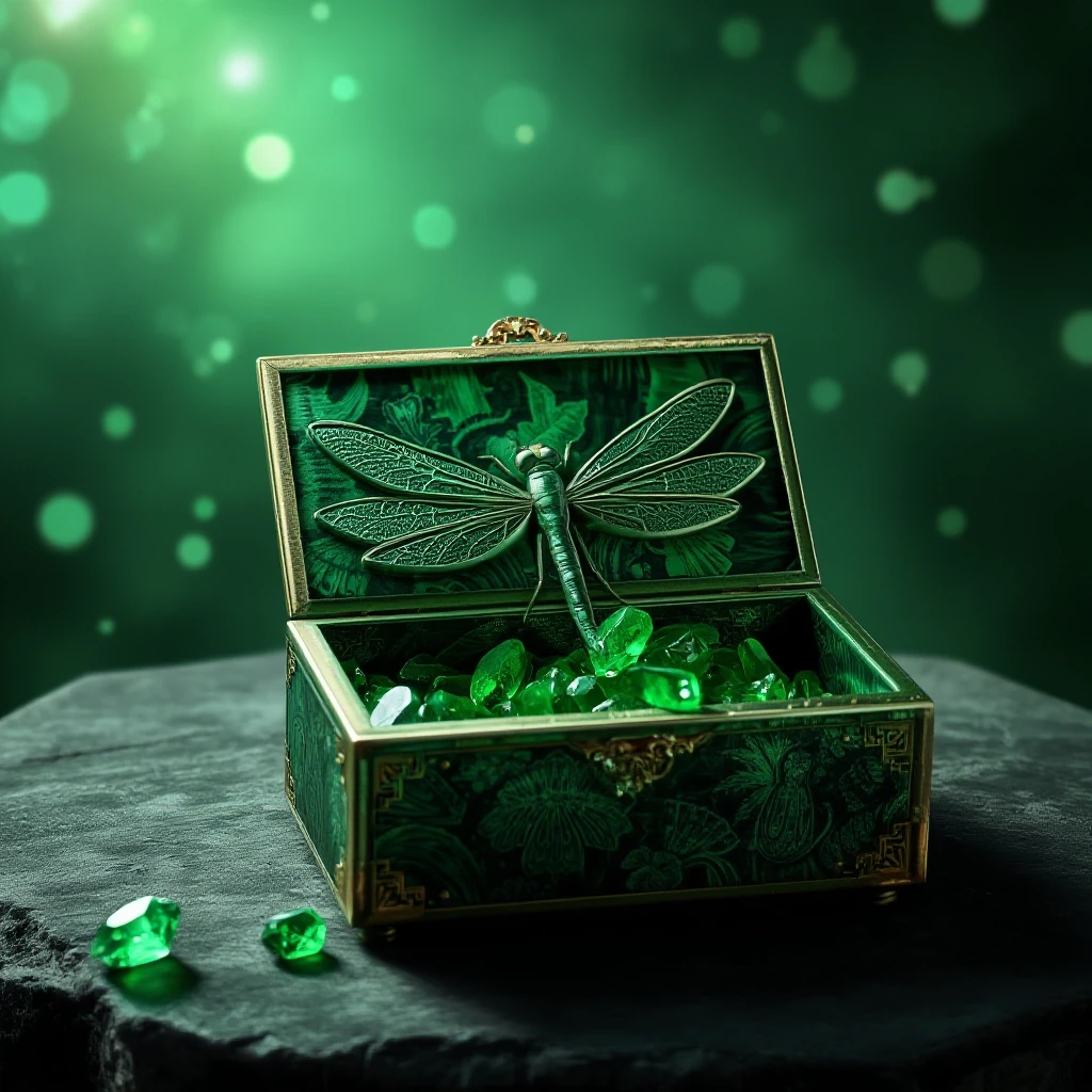 A sparkling background art of Bazhov's fairy tale, a RECTANGULAR malachite box with a dragonfly embossed on the lid on the inside, 3D VOLUMETRIC, in the style of digital…