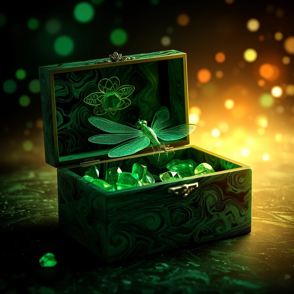 A sparkling background art of Bazhov's fairy tale, a RECTANGULAR malachite box with a dragonfly embossed on the lid on the inside, 3D VOLUMETRIC, in the style of digital…