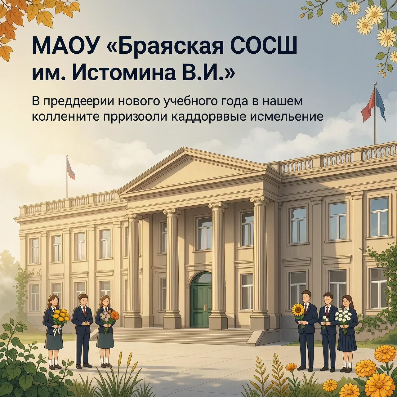 Нарисуй горизонтальный постер (формат 16:9) для школы. На фоне — аккуратный фасад здания школы: здание школы в графике, рядом ученики с цветами в графике. Атмосфера — спокойная,…