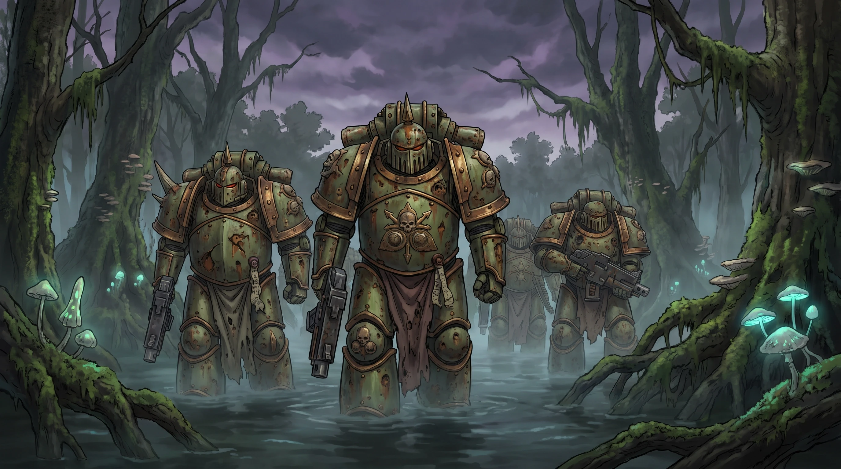 Warhammer 40000 (франшиза), отряд космодесантников из легиона Гвардии Смерти (поврежденная броня с ржавчиной), на фоне темного болотного леса, стиль аниме с реалистичными…
