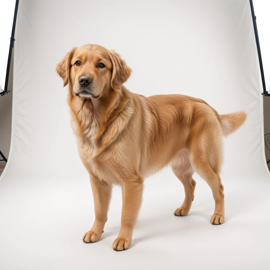 a photo of a beautiful pedigree dog standing and looking at the viewer, studio lighting, white background — работа пользователя Фантазийный Криомант