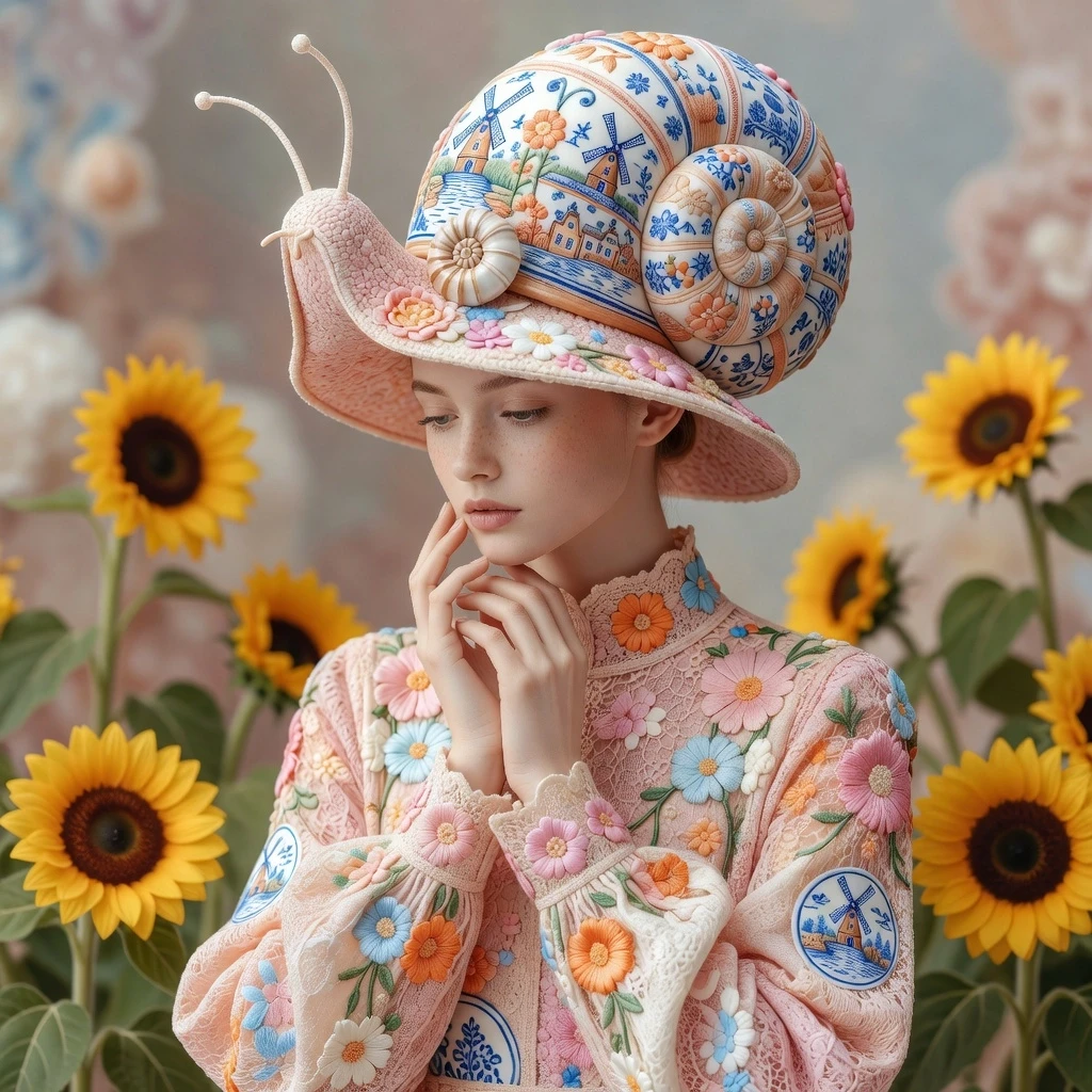 portrait of a young, whimsical woman with delicate features and light freckles. She is wearing an elaborate, oversized snail shell-shaped hat and matching long-sleeved top. The…