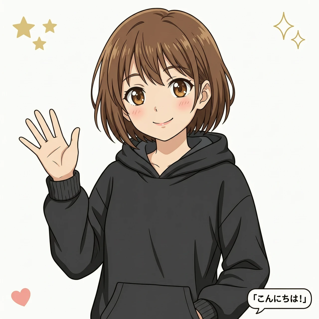 anime style, high quality anime aesthetic, 2D anime style, full-grown anime young woman, short brown hair, expressive brown eyes, wearing an oversize black hoodie, solid crisp…