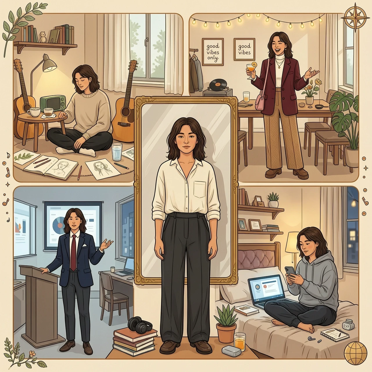 A modern editorial illustration about everyday self-expression. The same young adult appears in four connected parts of one image: at home listening to music and drawing, with…