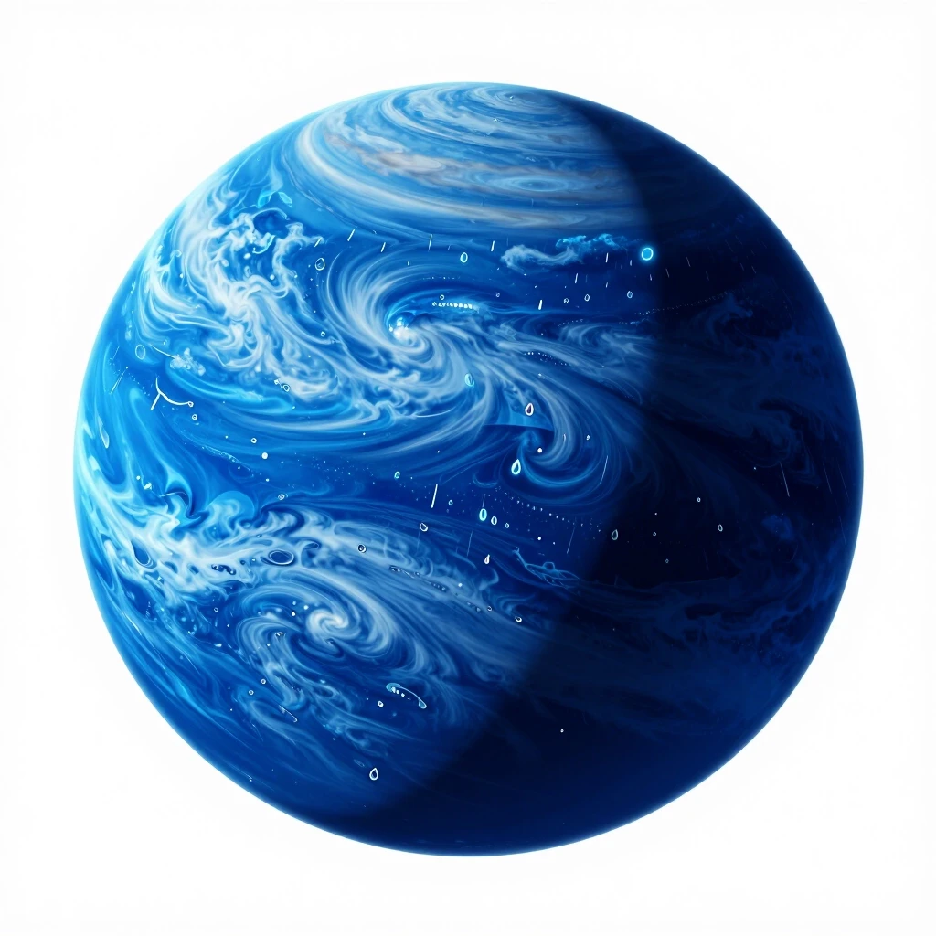 Award-winning professional photo on a perfect white background. A masterpiece, stunningly beautiful. A planet made of bright blue gas. Winds, hurricanes, and rain of molten…