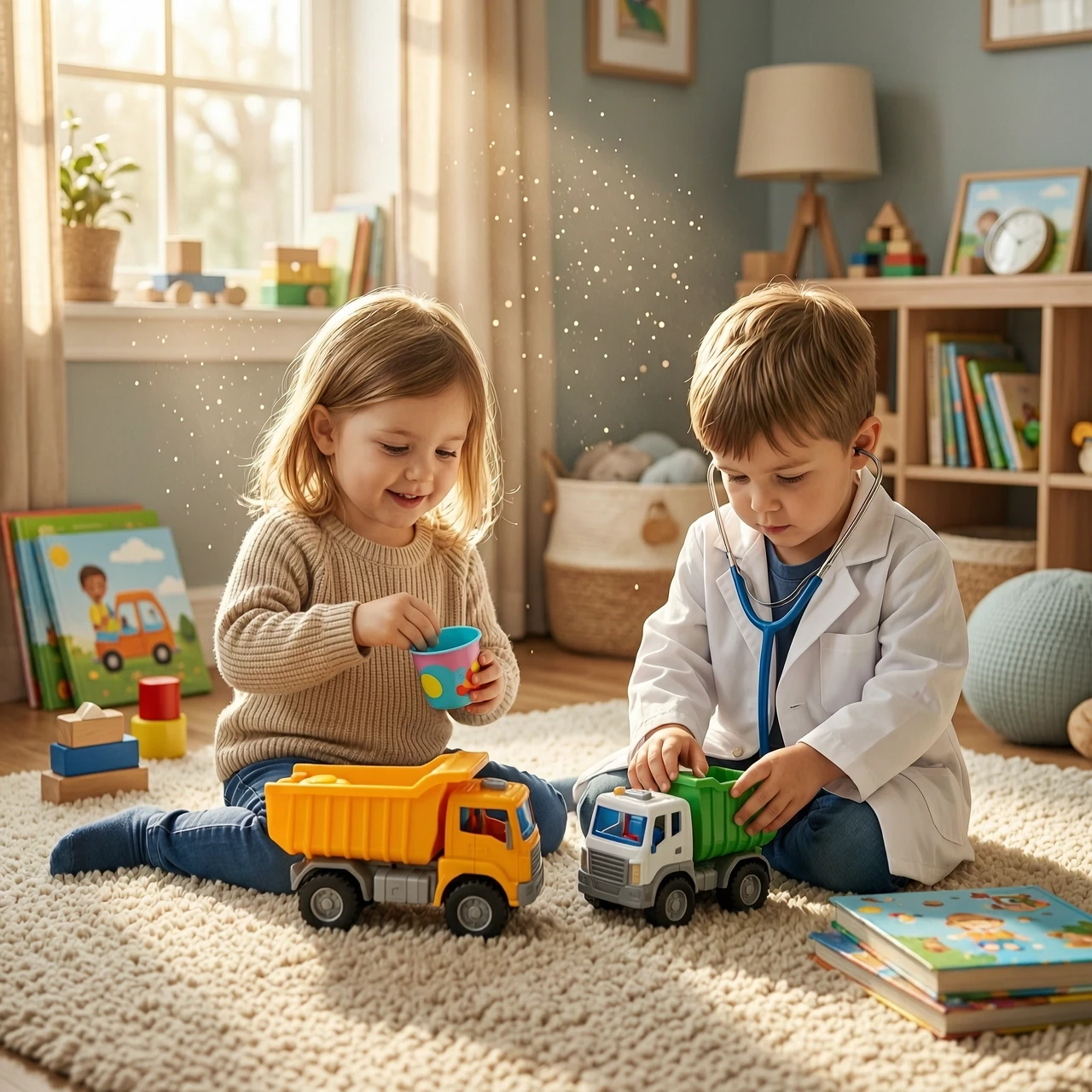 Hyper-realistic cinematic shot, heartwarming childhood role-play scene. A little girl with expressive eyes is sitting on a soft nursery rug, tenderly pretending to feed a toy…