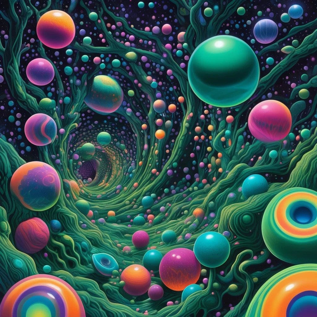 A mesmerizing surreal illustration of infinite glass spheres floating in cosmic darkness, each acting as a portal to vibrant alien ecosystems. Within every orb: exotic creatures…