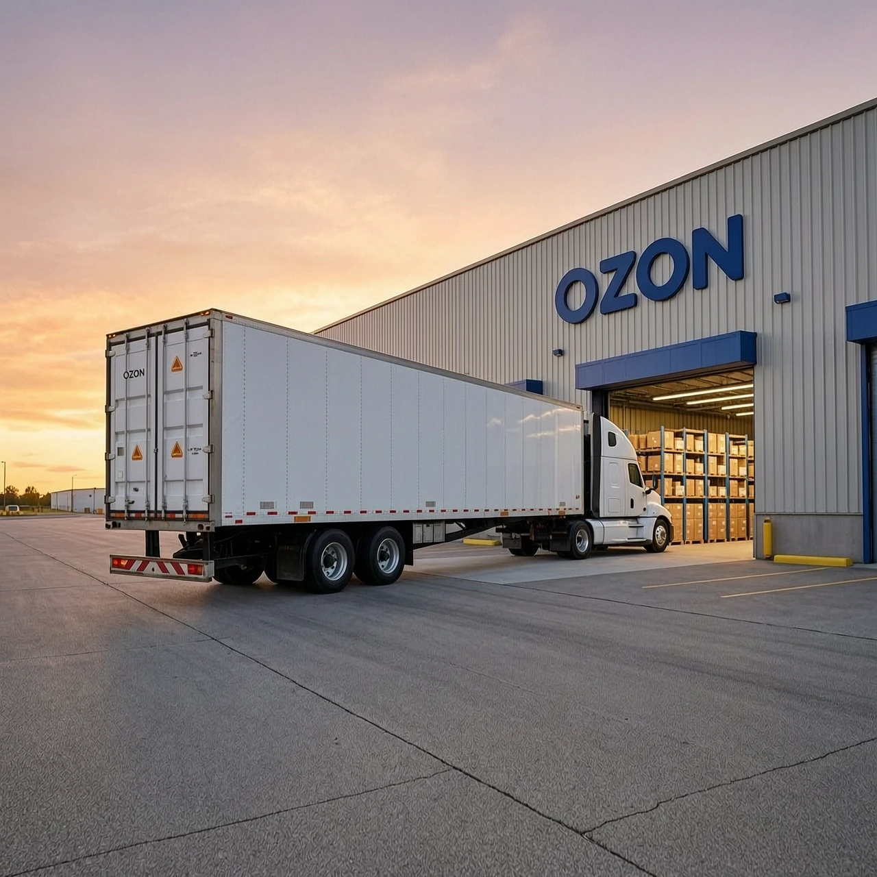 A massive white semi-truck slowly backs up to a large Ozon fulfillment warehouse loading dock at sunrise. Wide angle, realistic lighting — работа пользователя Ослепительная Муза