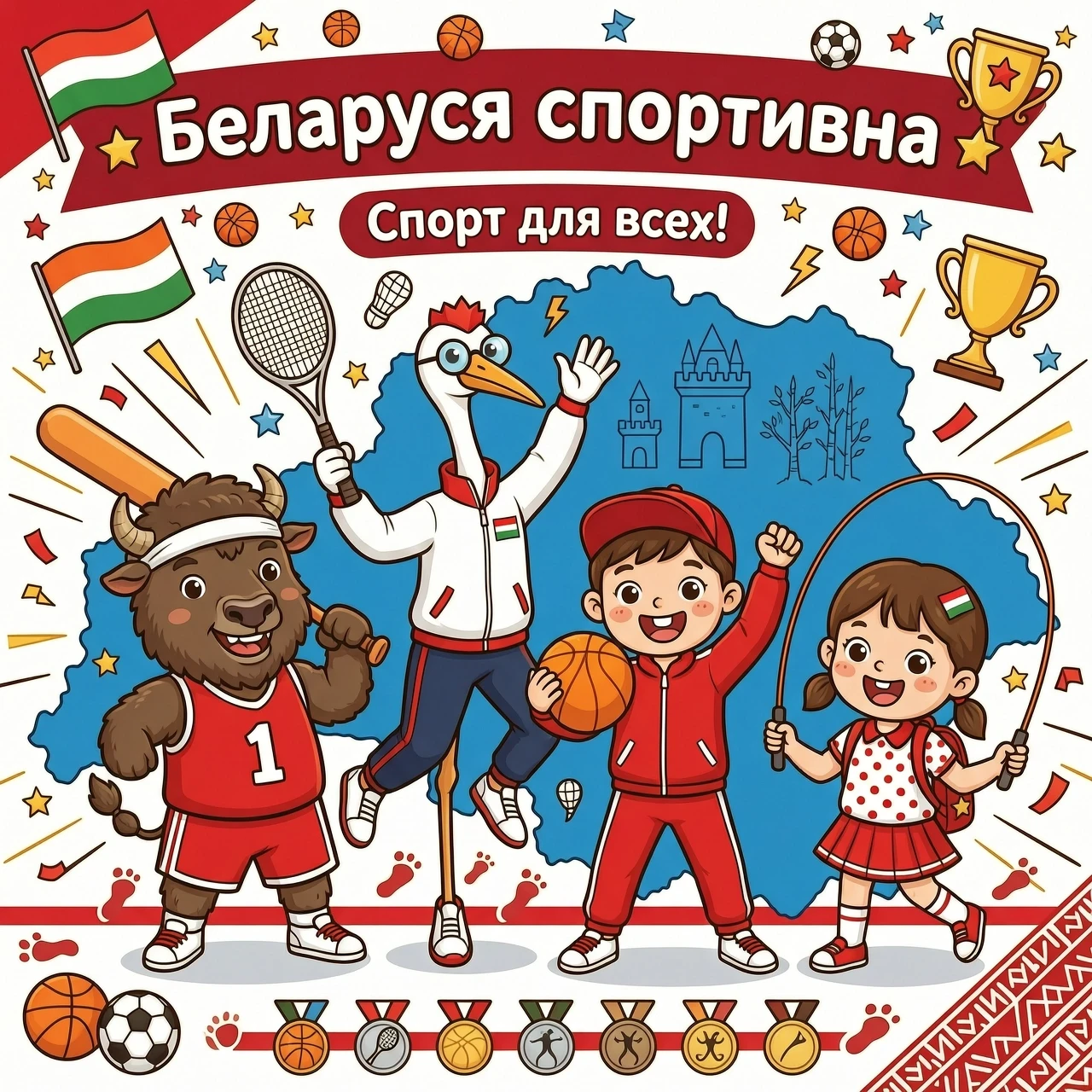 Картинка для детей "Беларусь спортивна". Зубр и аист в спортивной форме со спортивным инвентарем, а с ними мальчик и девочка на фоне контура Беларусии — работа…