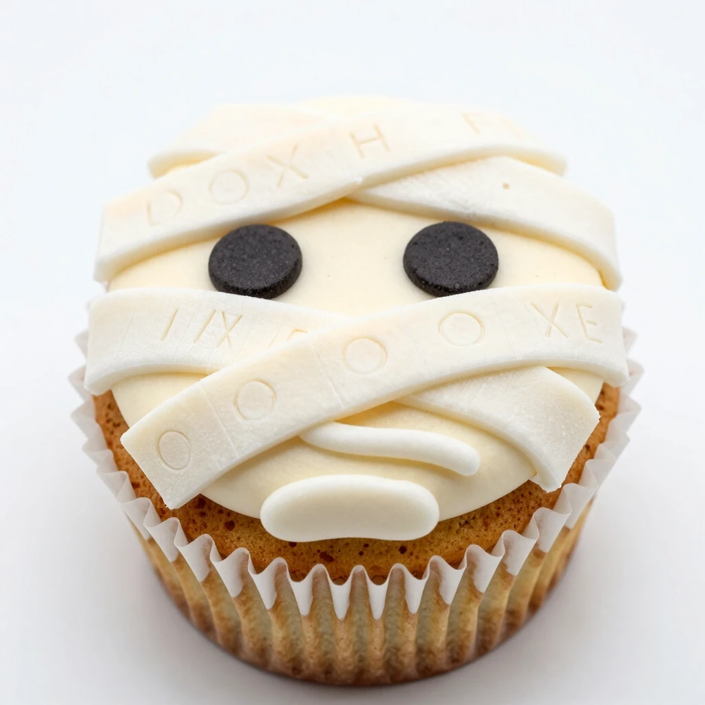 A cupcake in the form of a mummy's face, with bandages located along the entire key from the top edge to the bottom edge. At the same time, the bandages are engraved on it.…