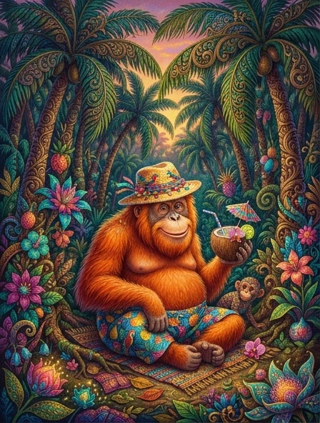 A fabulous illustration. Thickets of coconut palms with beautifully carved leaves. In the center sits a funny charming orange orangutan. He wears shorts with colorful tropical…