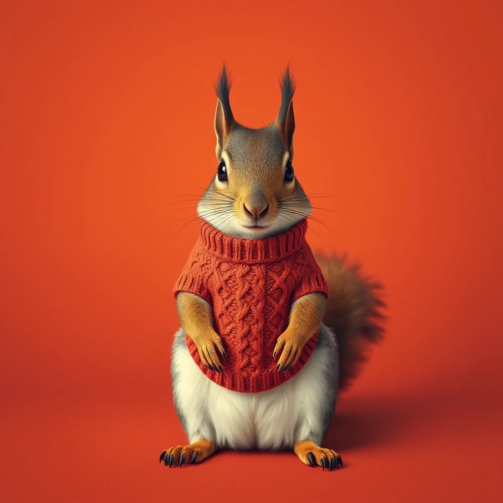 Draw a symmetrical frontal frame in the style of Wes Anderson for the A6 format. In the center is a full—length squirrel, it sits on its hind legs, and on its chest is a knitted…