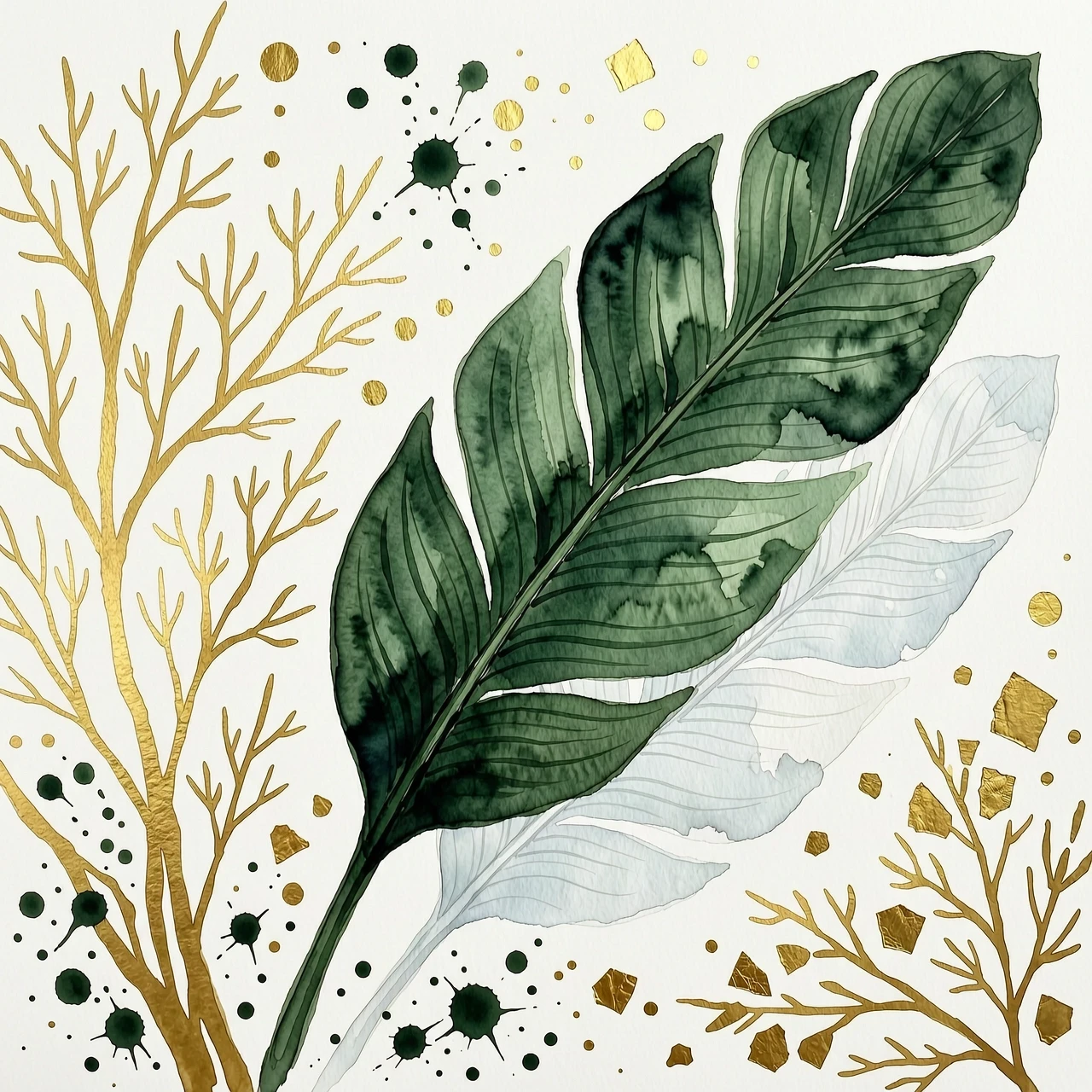 Watercolor botanical art poster, large dark green tropical leaf extending diagonally upwards to the right, pale white watercolor leaf overlay behind it, delicate gold leaf…