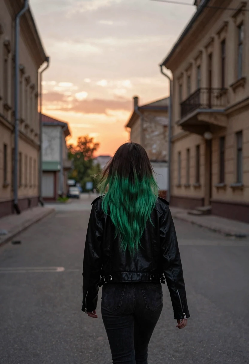 A girl with long green hair in a black leather jacket walks through an empty city, old buildings, beautiful sunset, sadness. The girl is visible from behind, slightly from a…