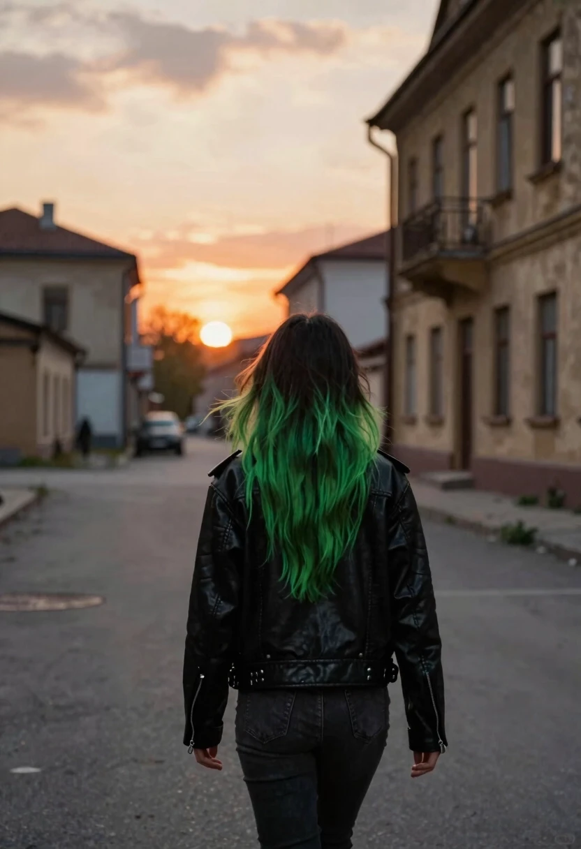 A girl with long green hair in a black leather jacket walks through an empty city, old buildings, beautiful sunset, sadness. The girl is visible from behind, slightly from a…