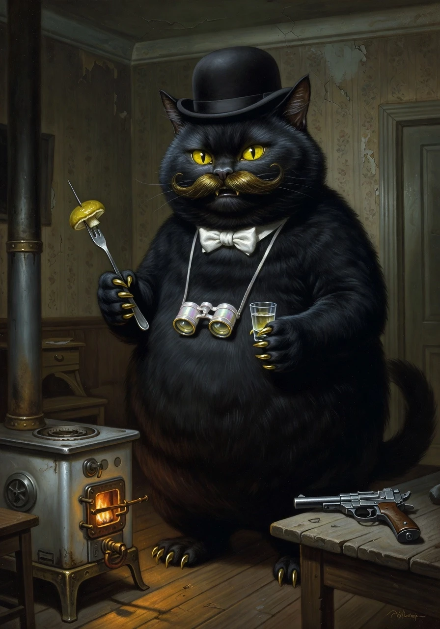 Огромный чёрный кот размером с кабана, жирный, тяжёлый. Стоит на задних лапах. Шерсть чернее сажи, отчаянные кавалерийские усы, круглая голова, острые уши, пухлые лапы. На шее —…