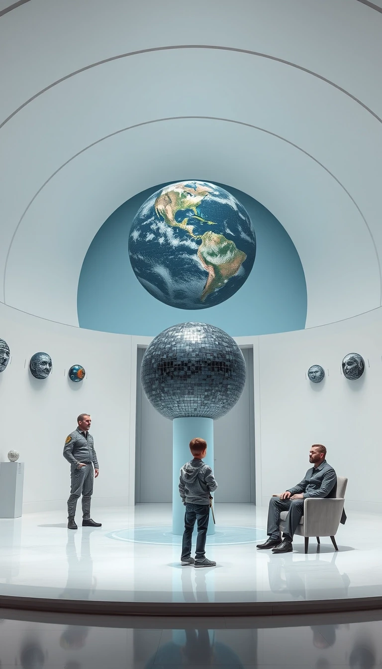 A large, semi-circular, white hall with no windows. Along the walls are sculptures depicting a ball on a very thin pillar. The walls are adorned with paintings depicting a ball…