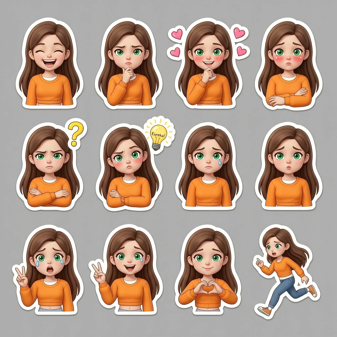 Sticker pack sheet of a cute young female character, 3D cartoon style, high-quality render, C4D, Octane Render. The character has fair skin, long brown hair, and large,…