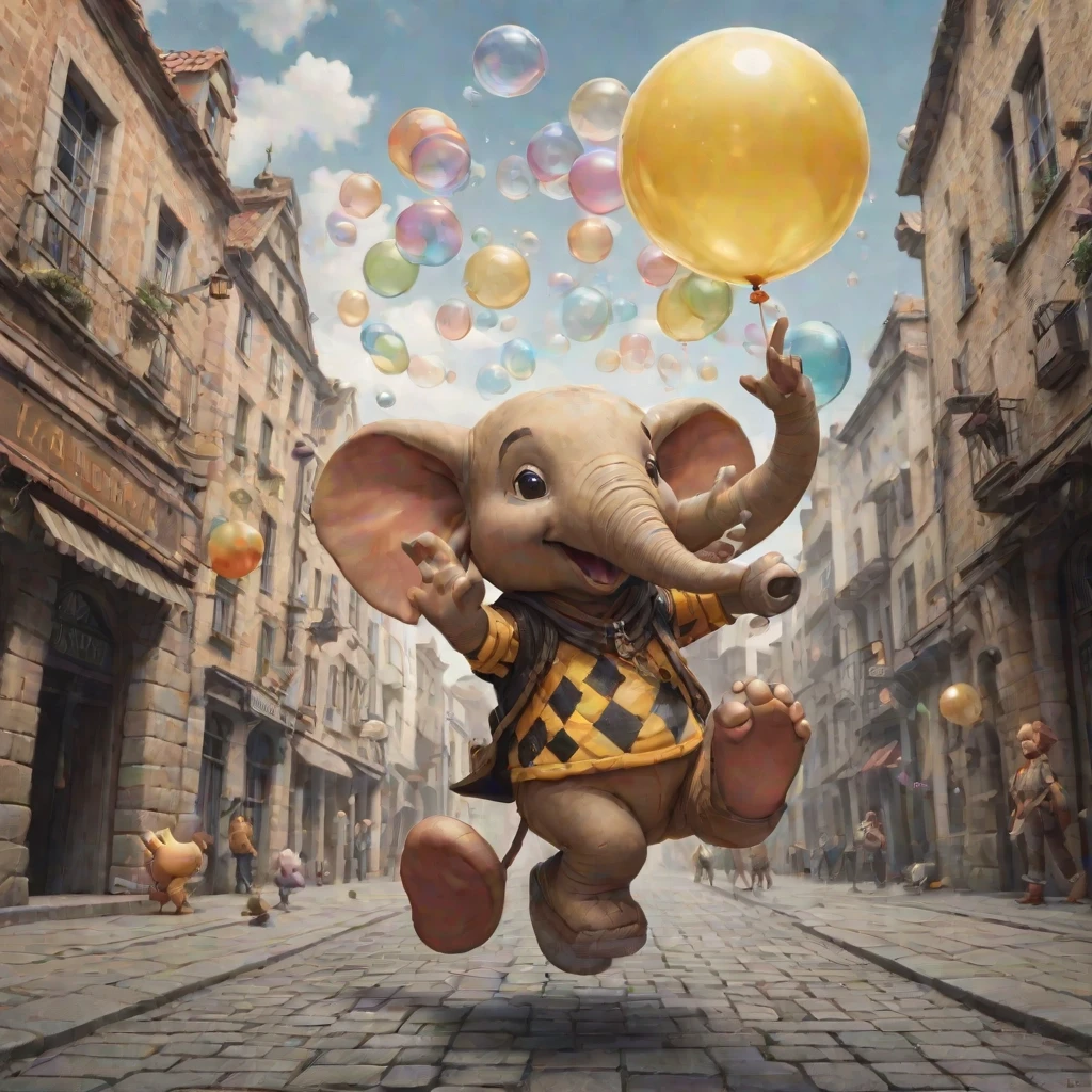 A huge yellow checkered elephant with leather wings is joyfully jumping on the stone pavement in black boots, surrounded by floppy-eared creatures in pointed hats blowing soap…