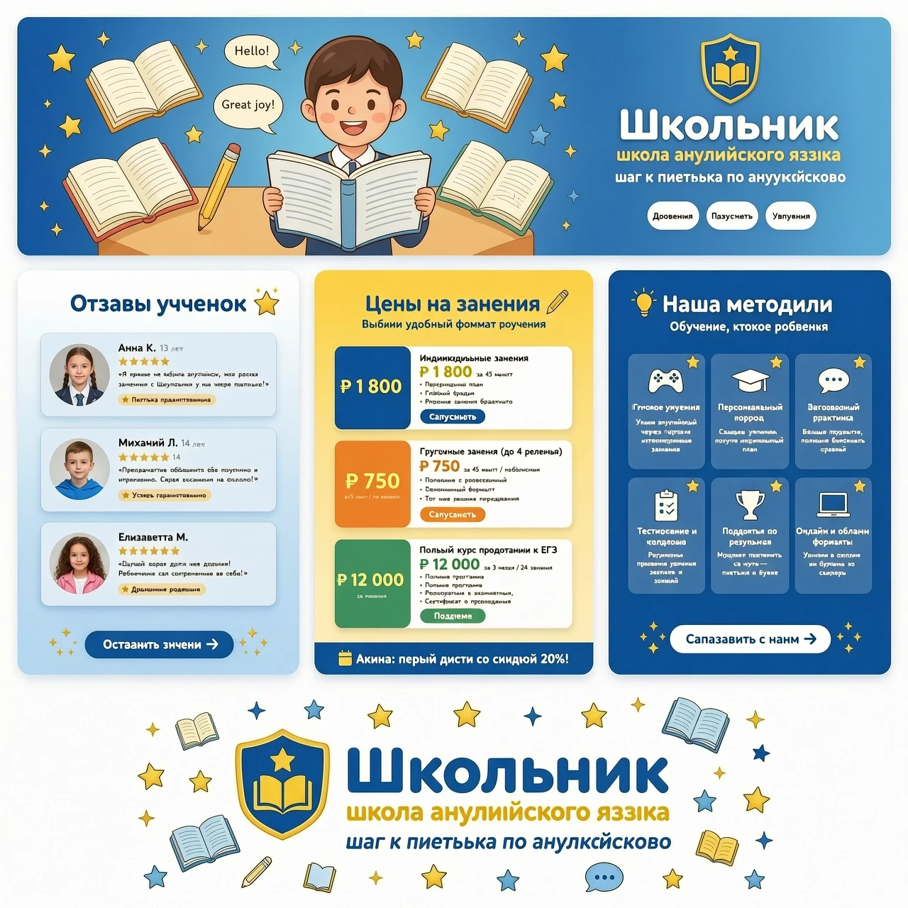 Создай брендинг для школы английского языка для школьников Школьник: шаг к пятерке по английскому. Нужны картинки и фотографии для оформления сообщества школы вКонтакте. Нужны…