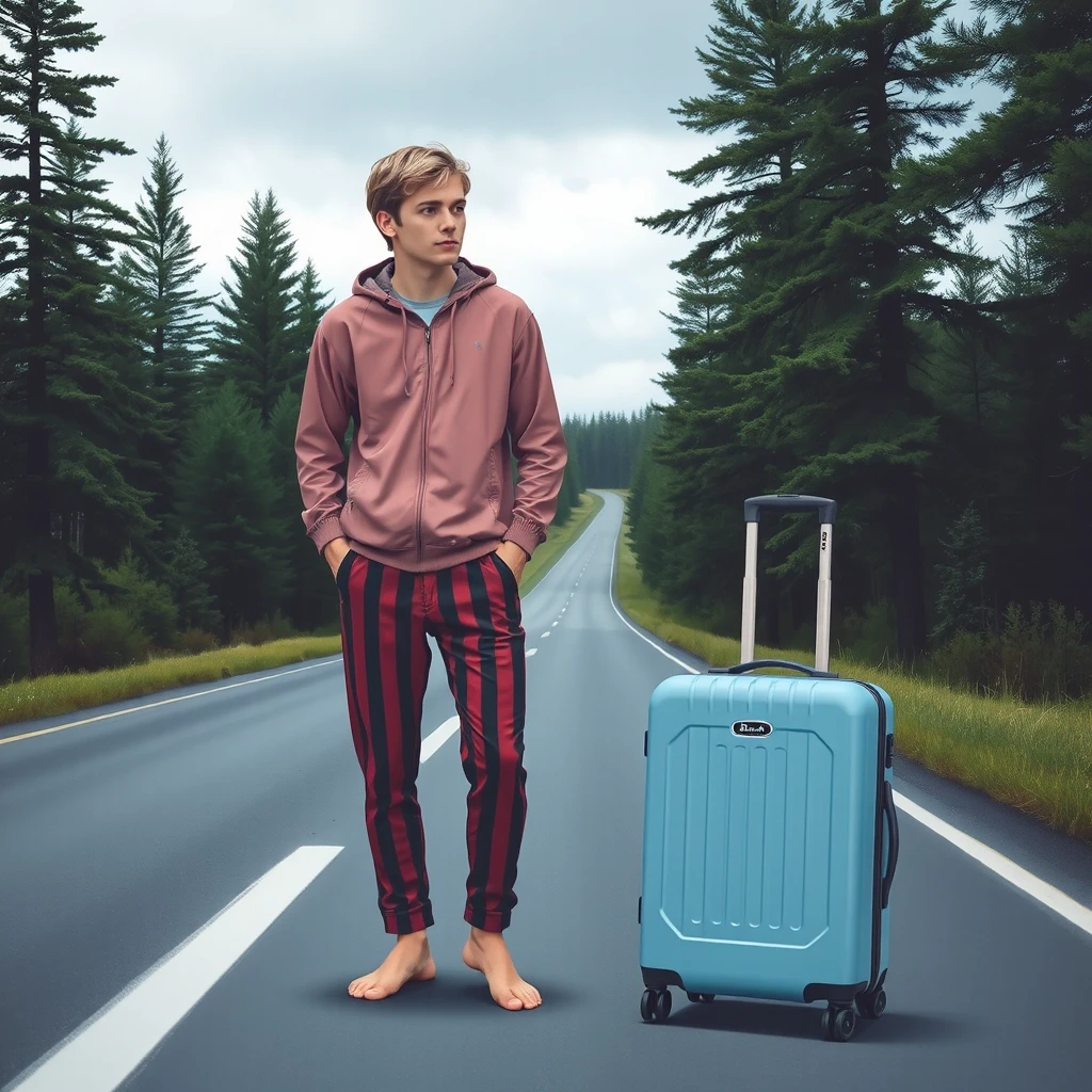 A mystical illustration of a handsome young man in his 20s with blond hair and eyes standing on a highway in the middle of a pine forest. He's wearing striped pajama pants…