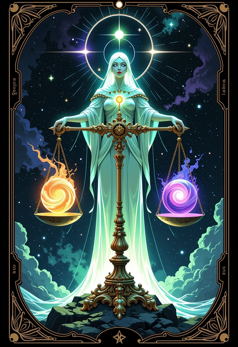 Cosmic Tarot card illustration titled "Justice: Cosmic Balance." A transcendent, luminous ethereal figure with glowing eyes, embodying the ancient wisdom of…