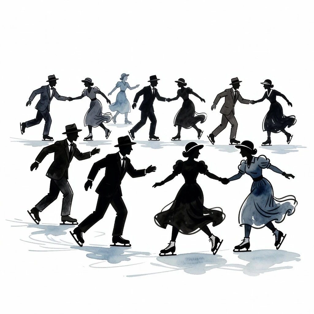 Create a watercolor urban sketch in the style of artist Cheng Chung Wei + cartoon, ladies and gentlemen on skates, ice skating on a lake, in the style of a 1940s sketch.…