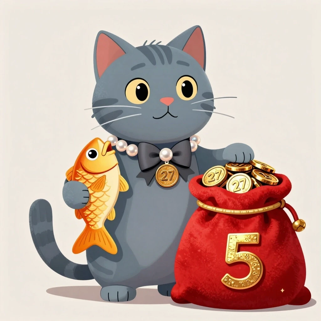 pixar cat british blue-grey color, В левой лапке он держит золотого цвета рыбку, Рядом с ним находится большой бархатно-красный мешок, полный золотых монет c zifroi 5. на шее у…
