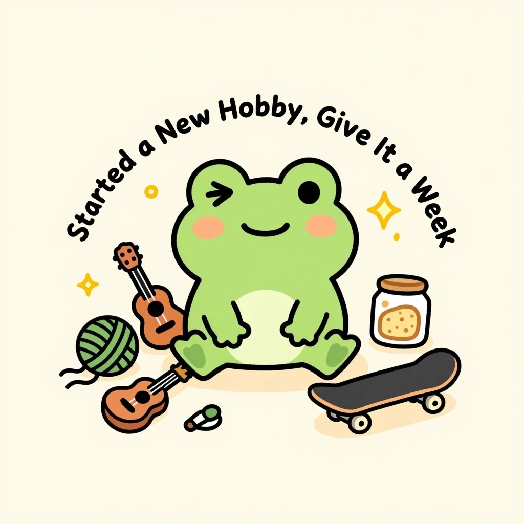 A cute cartoon frog sitting happily among scattered hobby supplies including yarn, a ukulele, paint brushes, a sourdough jar, and a skateboard, frog has a delighted expression,…