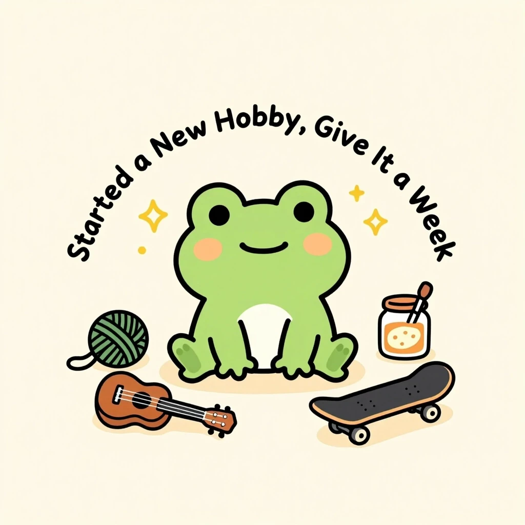 A cute cartoon frog sitting happily among scattered hobby supplies including yarn, a ukulele, paint brushes, a sourdough jar, and a skateboard, frog has a delighted expression,…