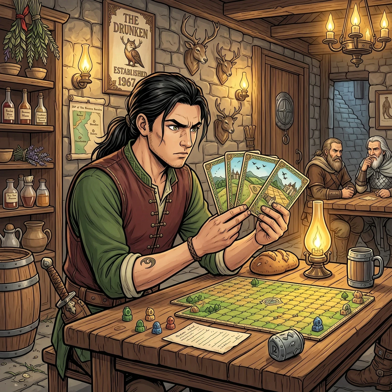 A medieval fantasy comic book illustration. A young man with long dark hair tied back in a ponytail is sitting at a wooden tavern table, looking intensely at board game cards in…