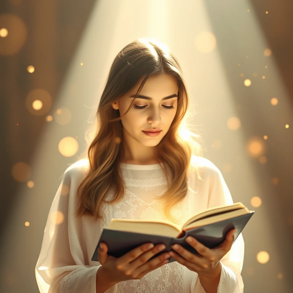 A beautiful woman standing in soft light, reading a prayer from an open book held in her hands. Gentle golden sparkles float in the air, creating a sense of sacred stillness and…