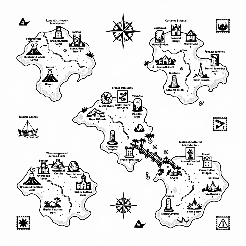 2D top-down vintage dark fantasy nautical map for laser engraving, clear thin black outlines on a pure white background, no fills, no gradients, no shading, clean line art. The…