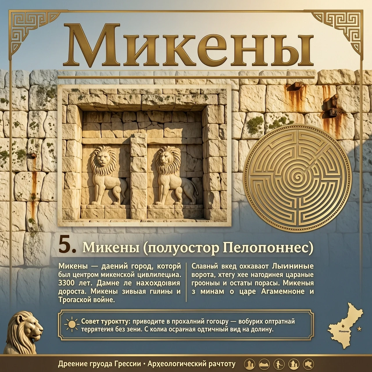 Микены Оформление: фото Львиных ворот, текст на фоне каменной стены. Текст: 5. Микены (полуостров Пелопоннес) Микены — древний город, который был центром микенской цивилизации.…