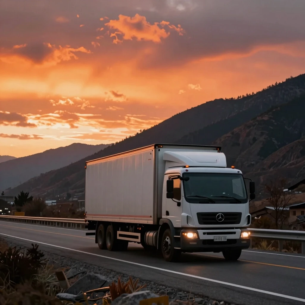 A truck is driving along the road against the backdrop of mountains and a fiery sunset. — работа пользователя Лунный Пиромант